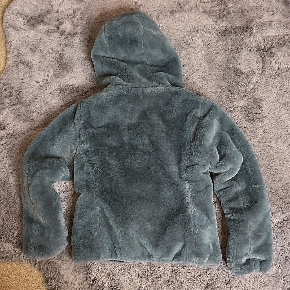 SAVE THE DUCK reversible Faux Fur Puffer Jacket hood- Grayish blue Laila - Picture 14 of 15